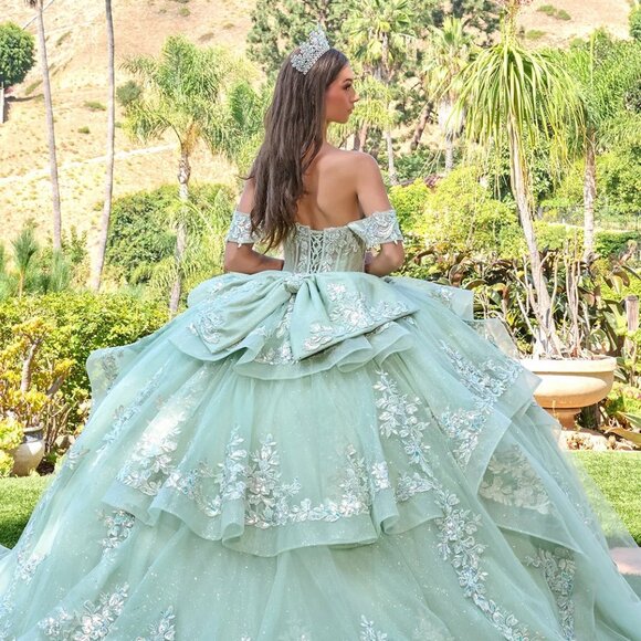 New Sage Tulle Ceremonial Gown w/ Sequins Embroidery & Layered Skirt GL3815 - Picture 9 of 15